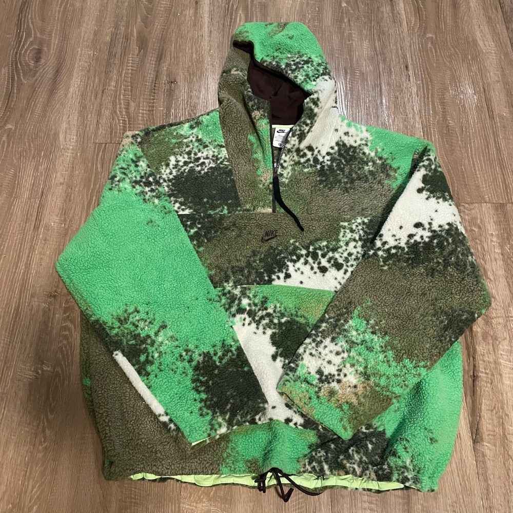 Nike Mens Hoodie Size XXL Tall Green Brown Camo Sherpa Fleece Half Zip Pullover